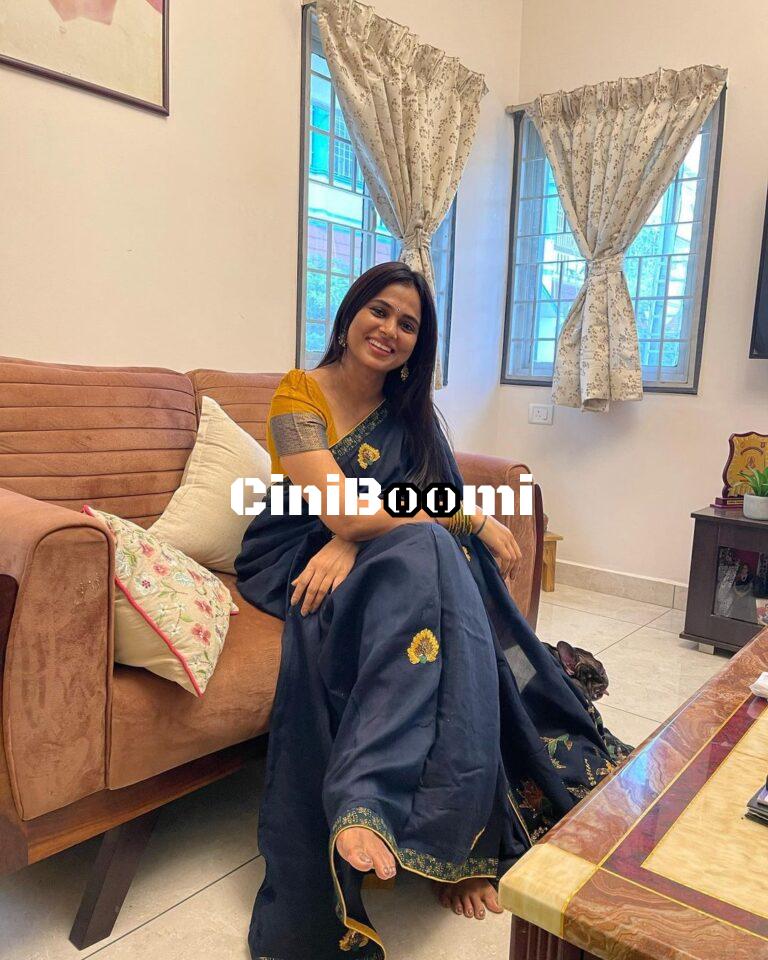 Charming Look Of Actress Ramya Pandian In Blue Saree