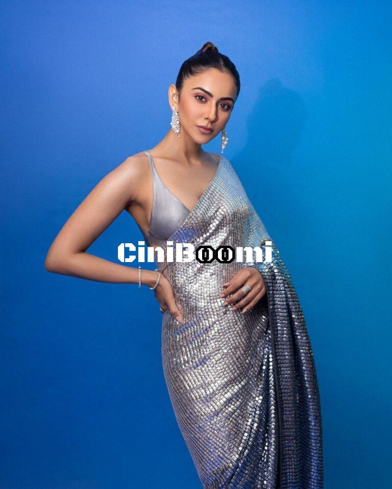 Actress Rakul Preet Singh Sparkles In Silver Colour Saree