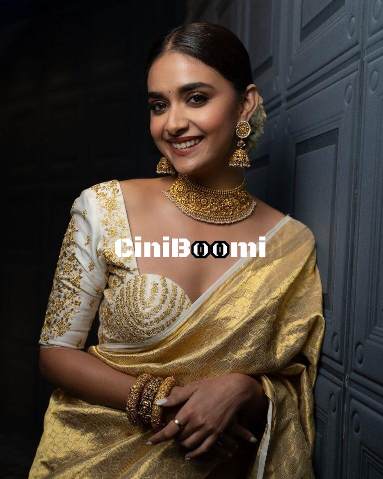 Actress Keerthy Suresh Shines Radiantly In Gold Colour Saree